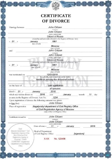Download Russia Civil Registration agency of Moscow divorce certificate Photoshop template